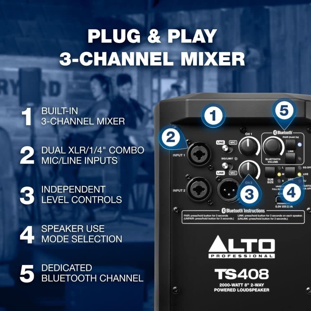Buy ALTO,Alto Professional TS408 - 2000W 8" Active PA Speaker with 3 Channel Mixer, Bluetooth Streaming, Wireless Loudspeaker linking, DSP and Alto App - BLACK - Gadcet UK | UK | London | Scotland | Wales| Near Me | Cheap | Pay In 3 | Speakers